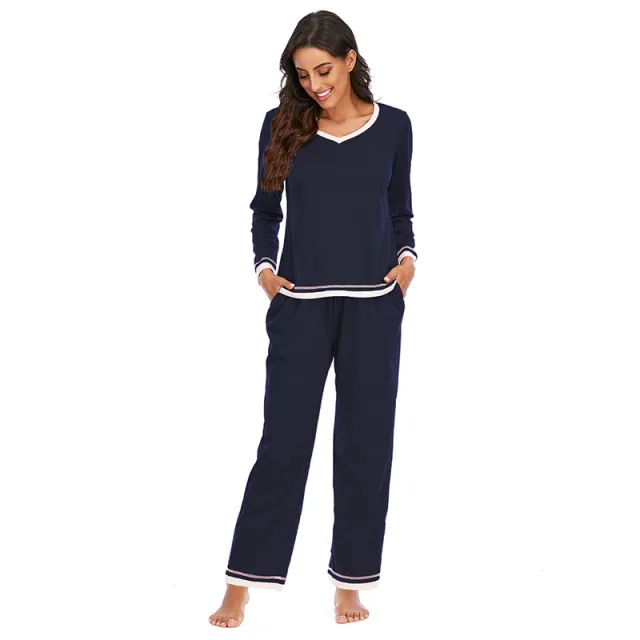 Women's Pajamas Long sleeved Trousers Home Wear Two piece Set Navy Blue - Shop at LoveMi