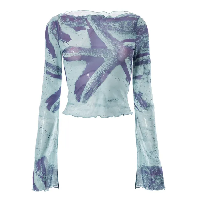 Fashion Trend Abstract Printing Bell Sleeve Short Top Blue - Shop at LoveMi