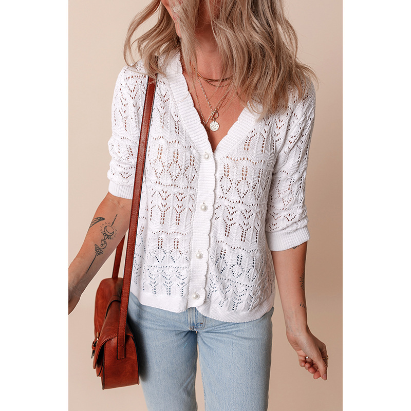 New Solid Color Hollow Out Half Sleeve Shirt Women