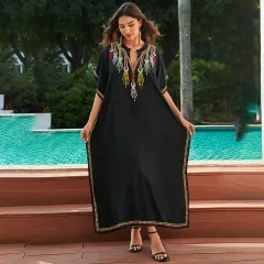 Women's Cotton Beach Cover-up Robe Style Loose Embroidery Vacation Dress - Black Zs2364 - View 1