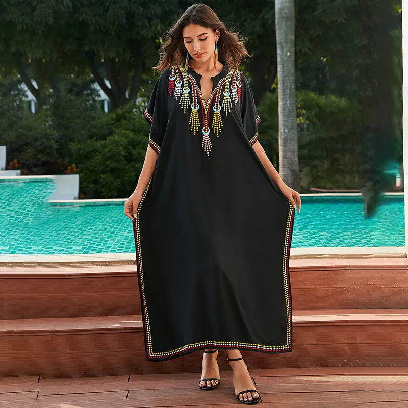 Women's Cotton Beach Cover-up Robe Style Loose Embroidery Vacation Dress - Black Zs2364