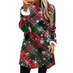 Snowman Digital Printing Casual Wide-sleeved Velvet Loose Sweater - Red And Green Plaids Oblique - View 1