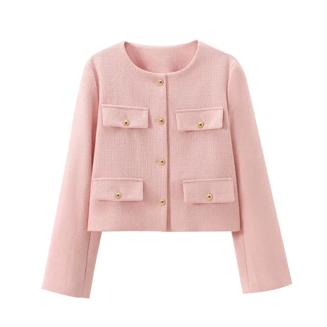 Multi color Round Neck Casual Short Little Fragrance Style Blazer Pink - Shop at LoveMi