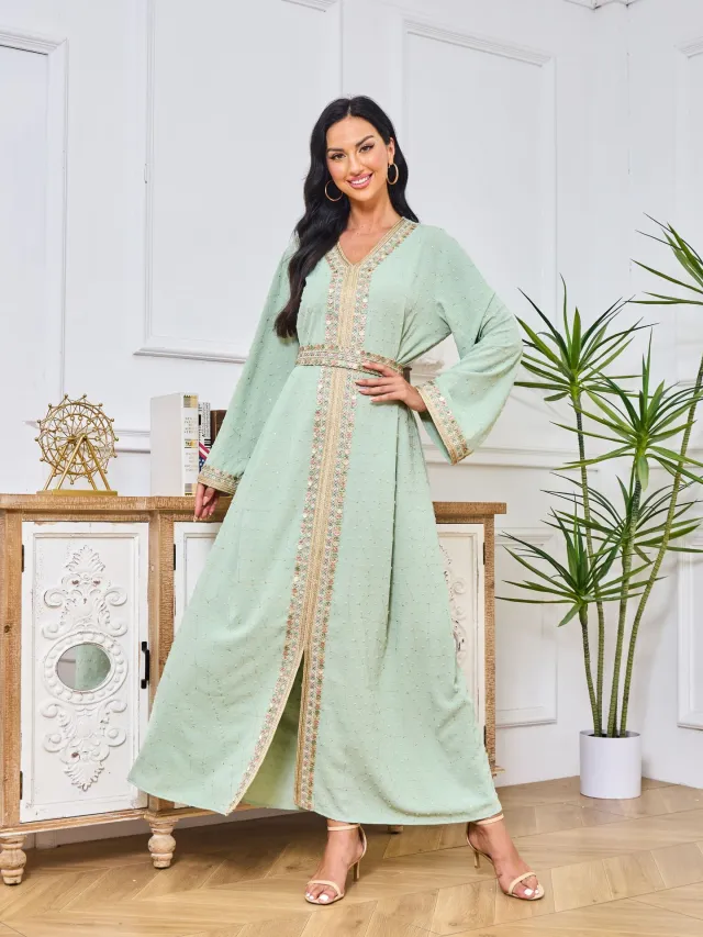 Dubai Abaya Gown Dress With Printed Hot stone And Embroidered Detailing Red - Shop at LoveMi