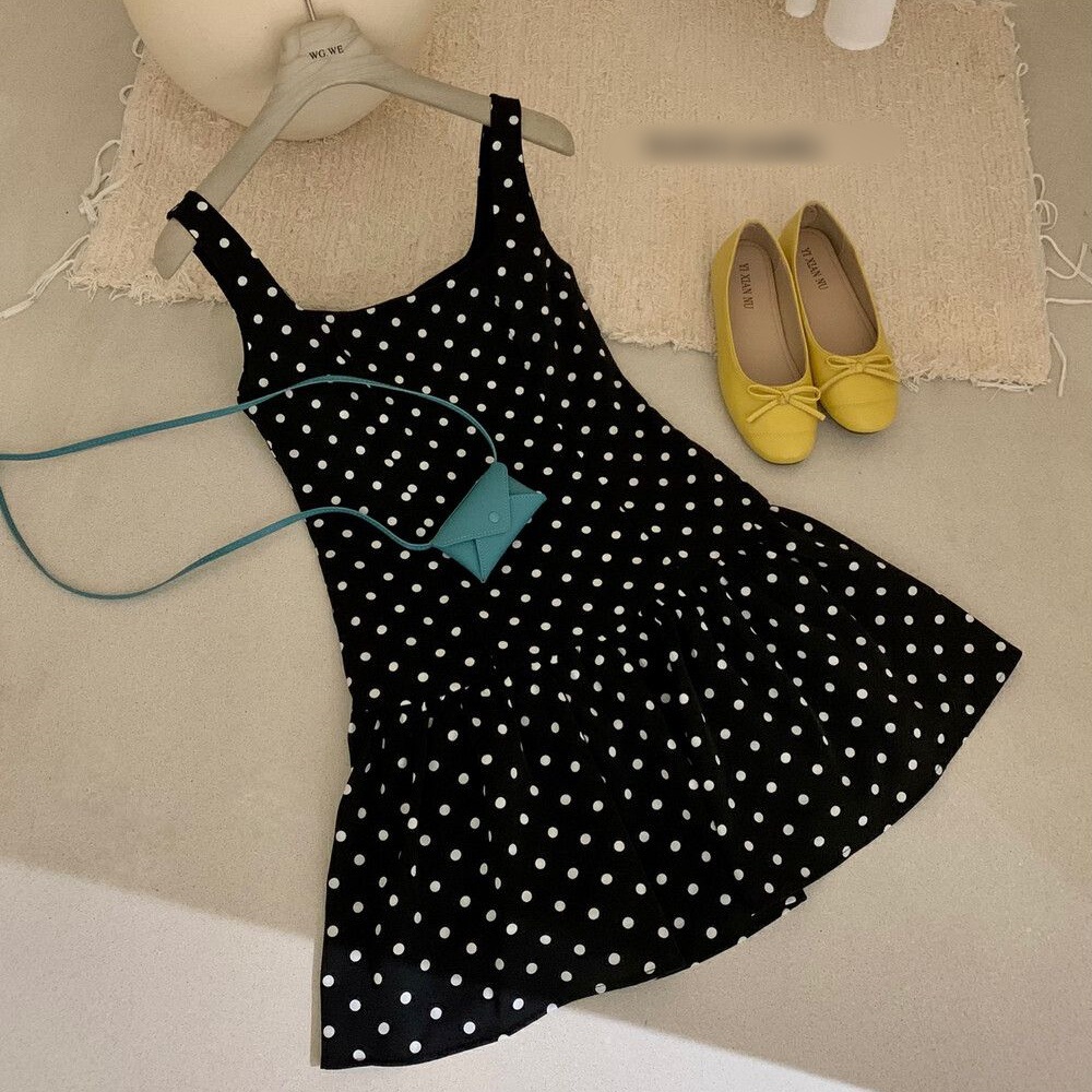 Versatile Polka-dot Waist-cinching Backless Slip Dress