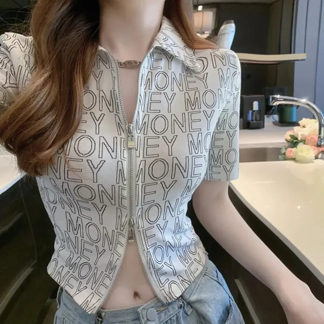 New Letter Lapel Short sleeved T shirt Slim fit Short Double Zipper Crop Top Stylish Cardigan Printed Xl - Shop at LoveMi