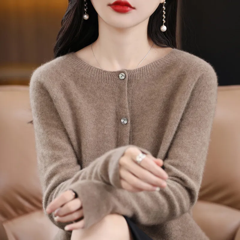 Women's Cashmere Cardigan O-neck Loose Sweaters Top Fashion Merino Wool Knitwear Autumn Winter Female Clothing Tops - Raw Velvet Camel