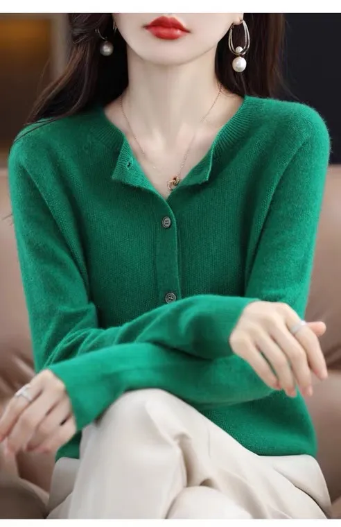 Fashion Merino Wool Cardigan Sweater Women O Neck Long sleeve Cashmere Knitwear Spring Autumn Female Clothing Tops Emerald S - Shop at LoveMi
