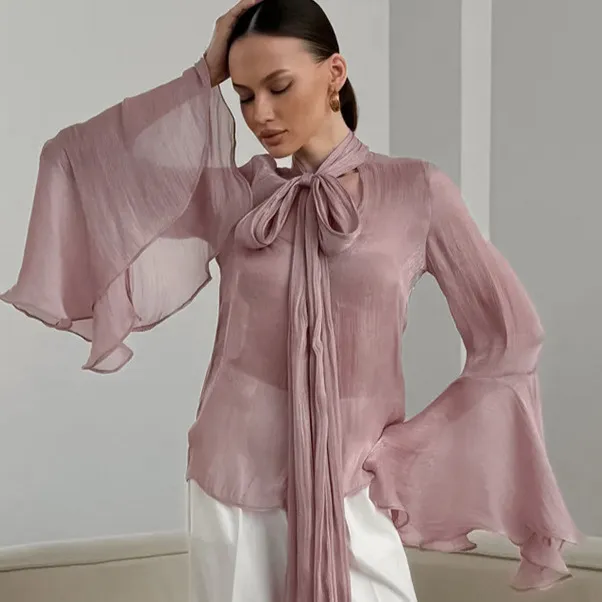 French Gentle Wind Floating Lead Flared Sleeves Long Sleeves Pink - Shop at LoveMi