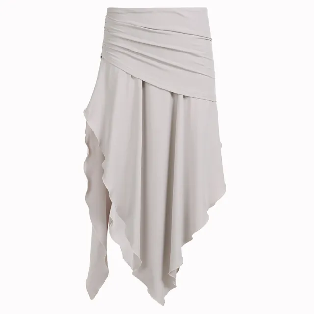 High Waist Pleating Irregular Slit Long Skirt Khaki - Shop at LoveMi