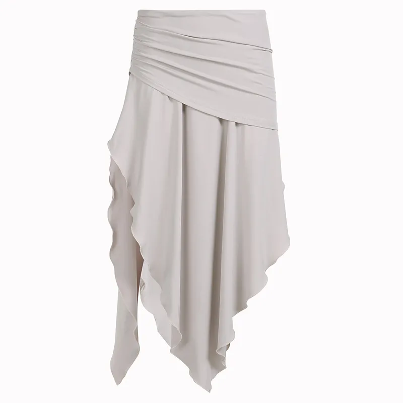 High Waist Pleating Irregular Slit Long Skirt - Khaki