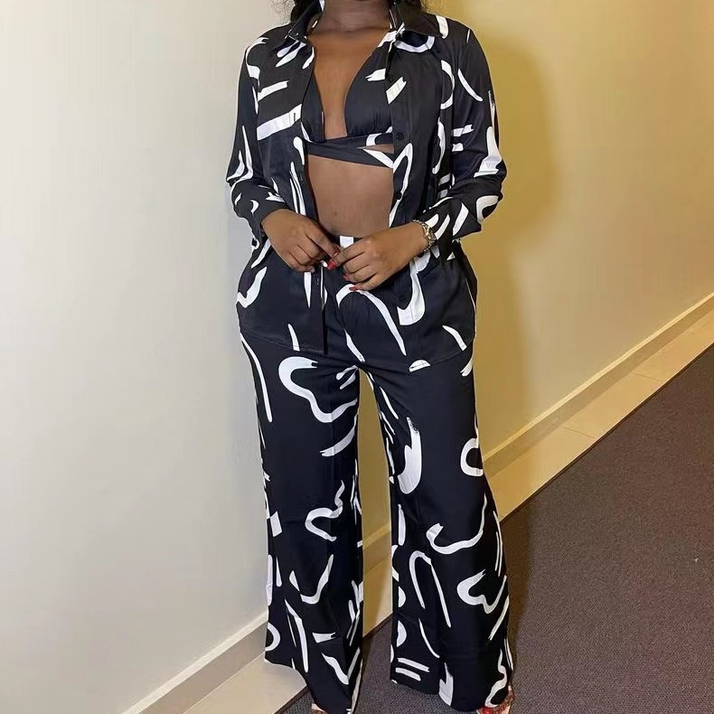 Printed Long-sleeve Shirt And High-waisted Trousers Two-piece Set