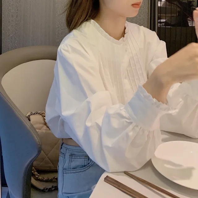 Design Sense Loose Western Style Stand Collar Ruffled Pleated White Shirt For Women White - Shop at LoveMi