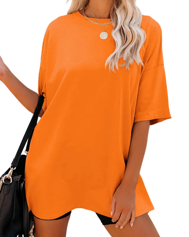 Solid Color Loose Women's T shirt Fashion Round Neck Plus Size Short Sleeve Orange - Shop at LoveMi