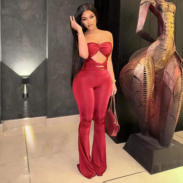 Womens Cutout Backless Knotted Jumpsuit Red - Shop at LoveMi