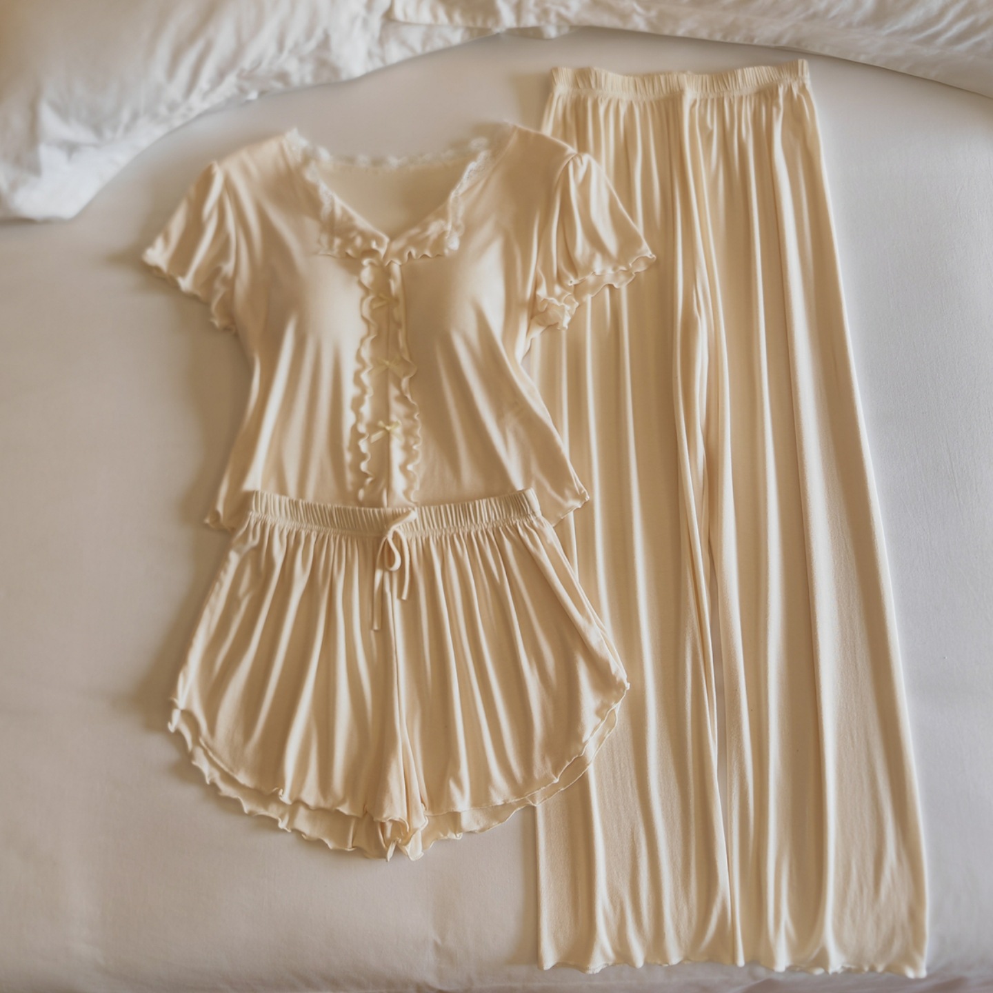Modal Pajama Set For Women Summer Short-sleeve Top And Shorts Or Long Pants