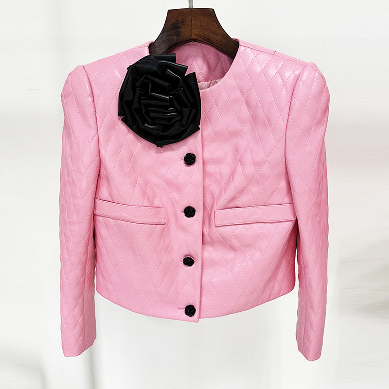 Fashion Flower Decorative Rose Buckle Rhombic Leather Short Coat Coat - Shop at LoveMi