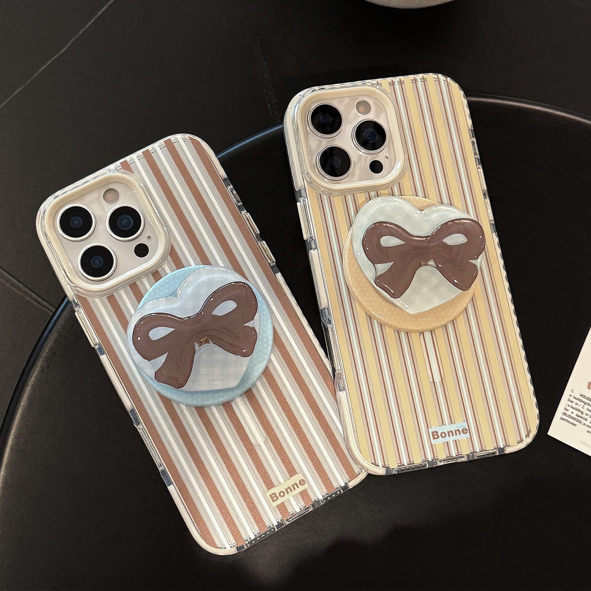 Striped Magnetic Transparent Phone Case With Rotating Bowknot Stand