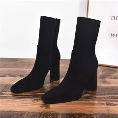 New Square Toe Fleece-lined New Chunky Heel French Boots - Black - View 1