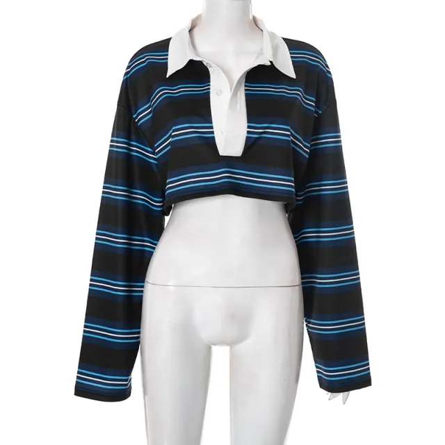 Autumn New Pullover Stripe Polo Collar Short Long Sleeve Blue - Shop at LoveMi
