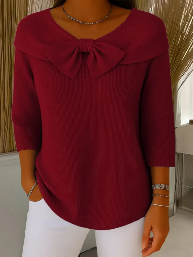 Knitted Bow Solid Color Sweater Autumn And Winter Wine Red - Shop at LoveMi