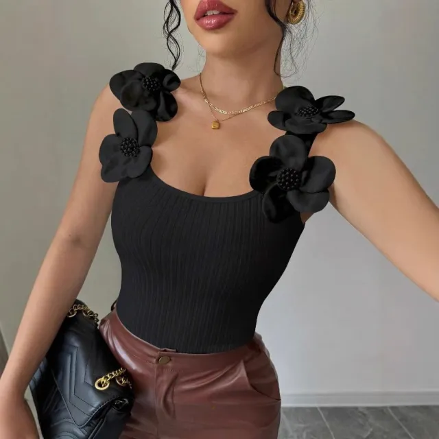 Women's 3D Floral Decorated Knitted Sleeveless Top Black - Shop at LoveMi