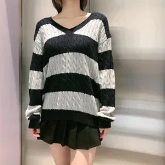 European And American Striped Cable-knit Sweater V-neck Loose Sweater For Women - Black - View 1