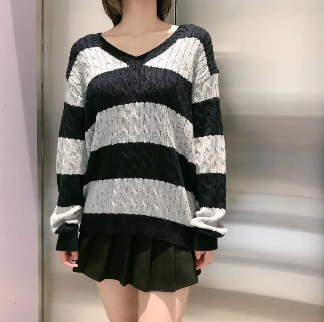 European And American Striped Cable knit Sweater V neck Loose Sweater For Women Black - Shop at LoveMi