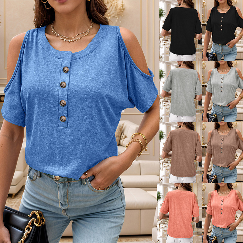 New Arrival Womens Solid-Color Off-Shoulder Fashion Short-Sleeve T-Shirt