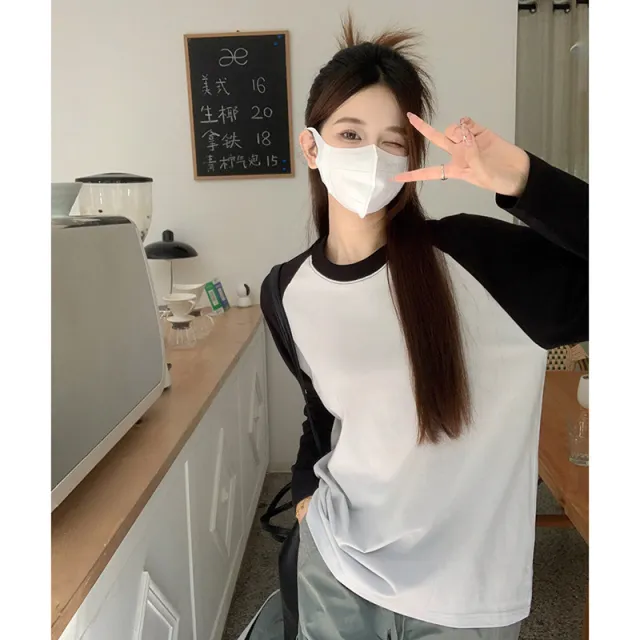 Women's Early Spring And Autumn Raglan Sleeve Loose Mid length Cotton Bottoming Shirt Top Black And White - Shop at LoveMi