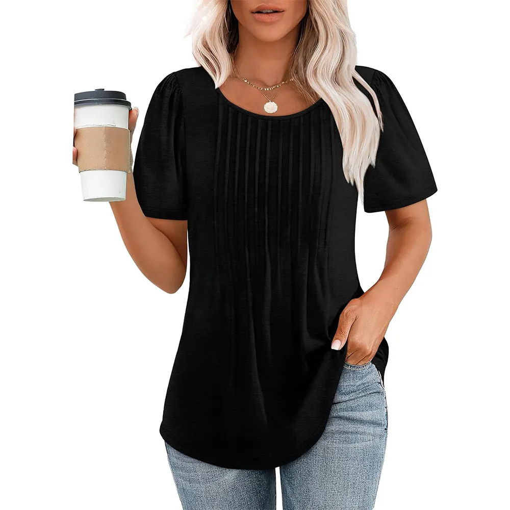 Pleated Round Neck Short-sleeved T-shirt Women's Top - Black