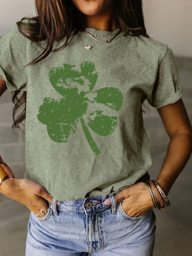 Fragment Clover Simple Short Sleeve Round Neck Women Olive Green Color Map - Shop at LoveMi