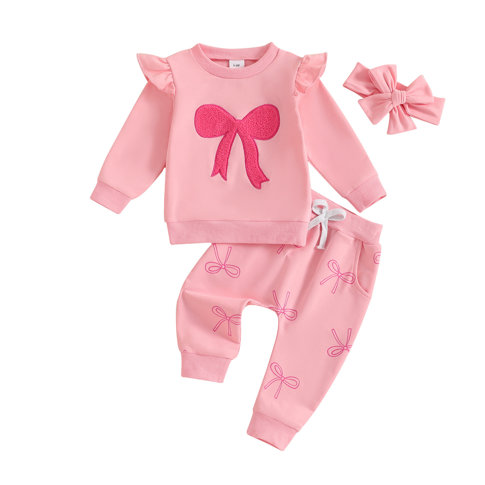 Bow-printed Puff-sleeve Outfit For Girls