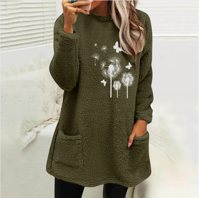 European And American Women's Round Neck Pullover Long Sleeve Pocket Embossed Double sided Velvet Sweatshirt Army Green - Shop at LoveMi