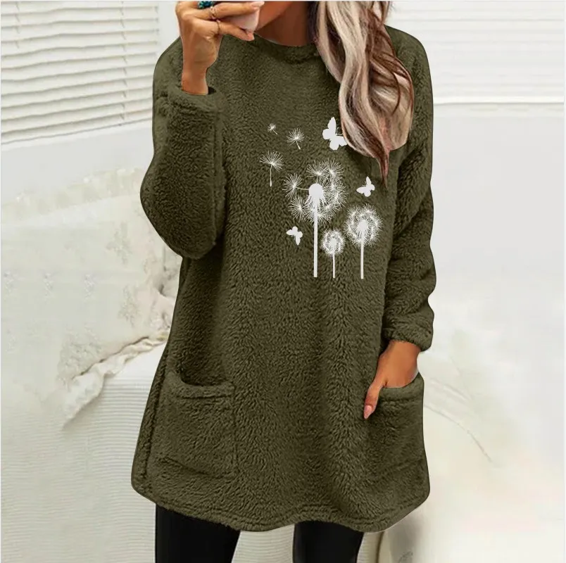 European And American Women's Round Neck Pullover Long Sleeve Pocket Embossed Double-sided Velvet Sweatshirt - Army Green