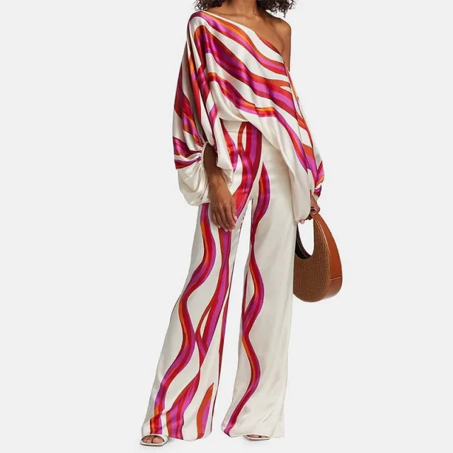 Summer Women's Clothing Printed Round Neck Loose Batwing Sleeve Waist Wide Leg Pants Fashion Casual Set Rose Red - Shop at LoveMi