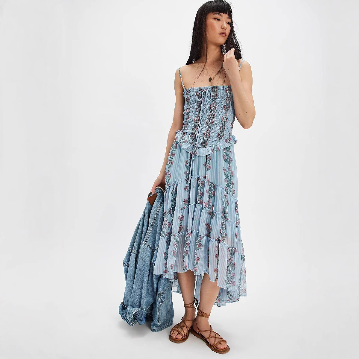 Printed Sling Vacation Style Stitching Irregular Dress Light Blue - Shop at LoveMi