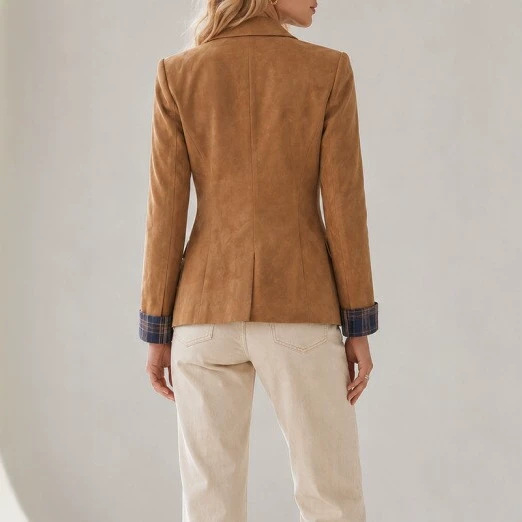 Vintage Suede-Effect Suit Jacket With Long Sleeves For Women