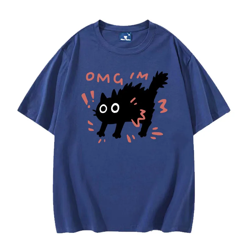 European And American Printed Short-sleeved Top - Navy Blue