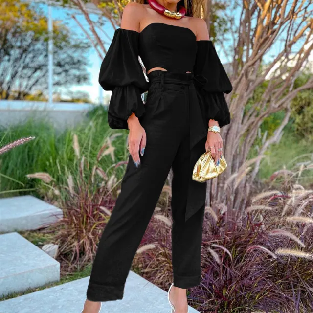 Solid Color Cotton And Linen Off shoulder Top Casual Pants Suit Black - Shop at LoveMi
