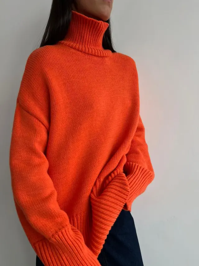 Half Turtleneck Commuter Solid Color Knitted Pullover Sweater Orange - Shop at LoveMi