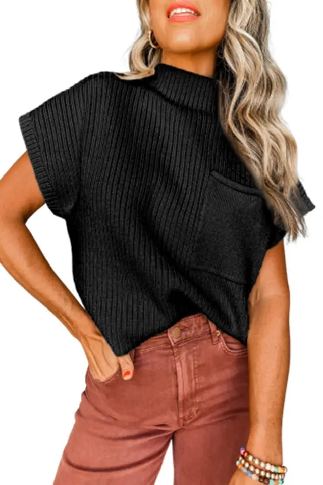 Short Sleeve Half Turtleneck Pullover Leisure Sweater For Women Black - Shop at LoveMi