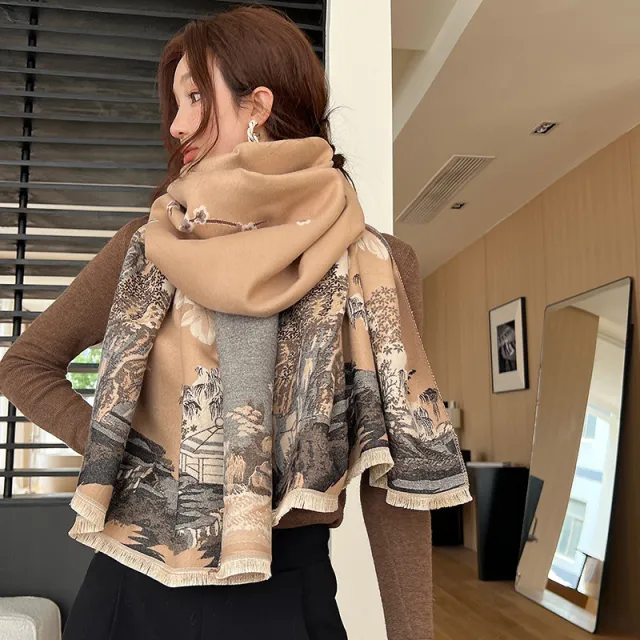 Vintage Plum Scarf Women's Artificial Cashmere Thickened Double sided Student Shawl Brown - Shop at LoveMi