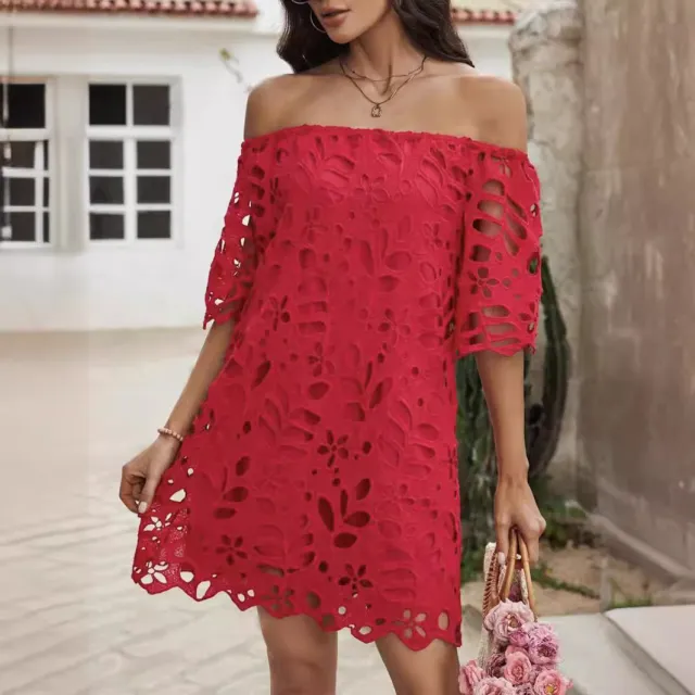 Women's Solid Color Tube Top One Shoulder Hollow Lace Dress Red - Shop at LoveMi