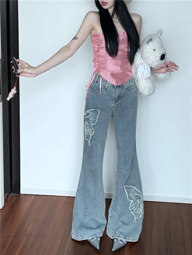 Distressed Low Waist Slightly Wide leg Pants Mop Trousers Light Blue - Shop at LoveMi