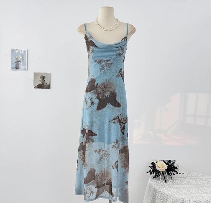 French style Blue Butterfly Beach Vacation Dress For Women Blue - Shop at LoveMi
