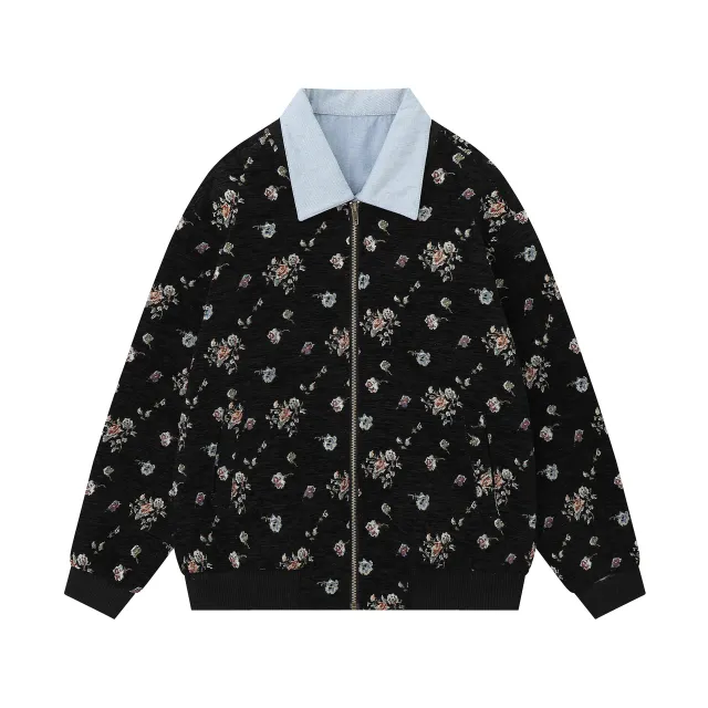 American Three dimensional Full Printed Turn down Collar Coat Female Autumn Leisure Couple Baseball Uniform Black - Shop at LoveMi