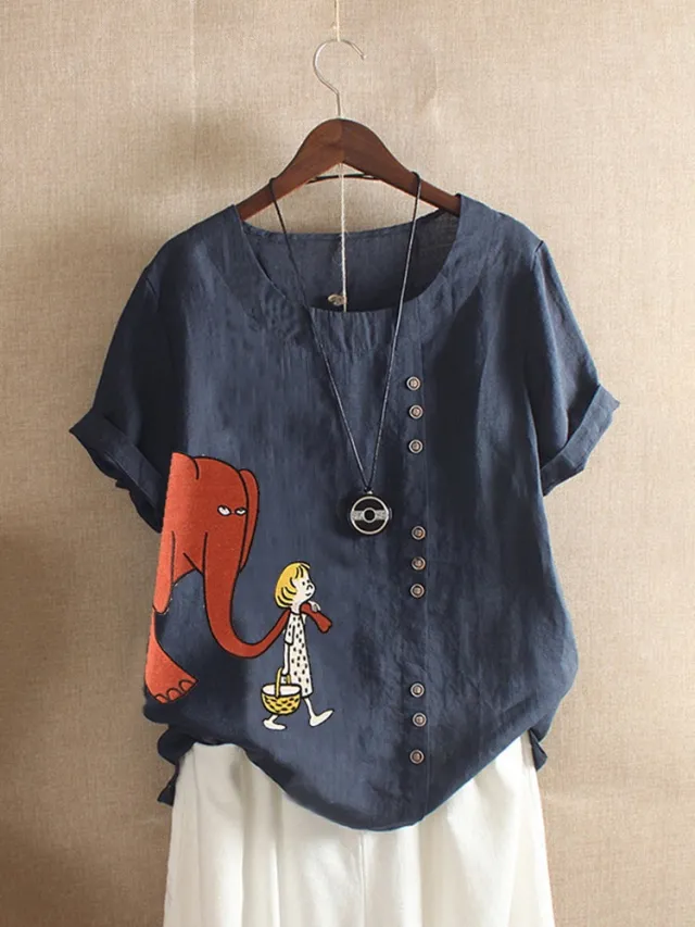 Women's Fashion Cartoon Printed Cotton And Linen Loose Casual Short sleeved T shirt Blue - Shop at LoveMi