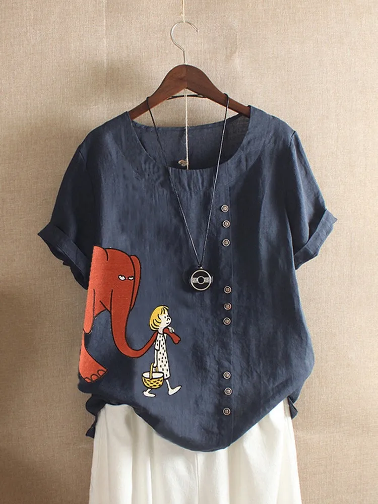 Women's Fashion Cartoon Printed Cotton And Linen Loose Casual Short-sleeved T-shirt - Blue
