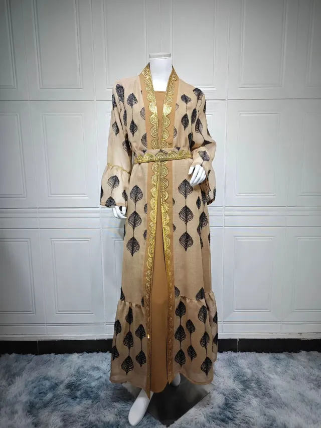 Middle East Arab Dubai Robe Mesh Embroidery Dress Brown - Shop at LoveMi